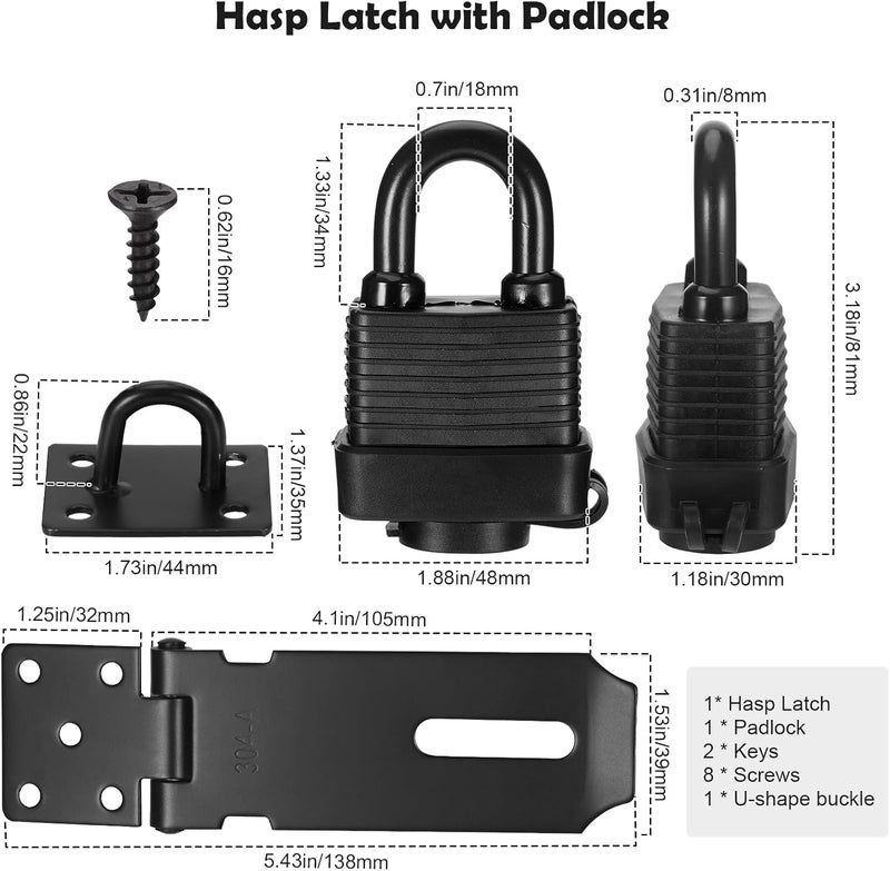 Starvortex Padlock Latch Lock, 4Inch Stainless Steel Hasp Latch with Padlock Keys Screws, Heavy Duty Black Shed Lock, Waterproof Pad Locks Latches, Gate Locks for Barn Door Cabinet Fence Garage - Image 2